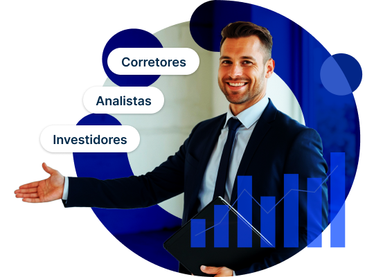 Executivo apresentando oportunidades para corretores, analistas e investidores do mercado imobiliário
