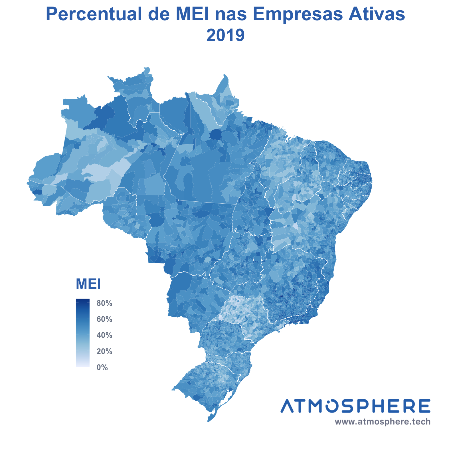 Oportunidados Mapa de MEI Ativos percentual por município em 2019