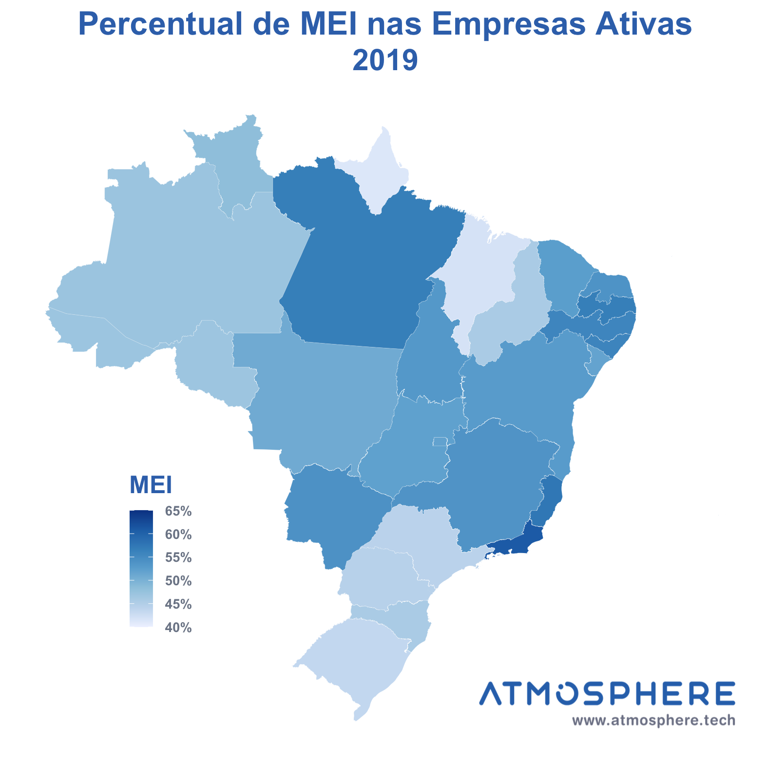 Oportunidados Mapa de MEI Ativos percentual por estado em 2019